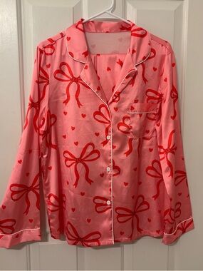 Cupshe Pink Satin Bow-Print Long-Sleeve Pajama Set (shirt and matching pants)